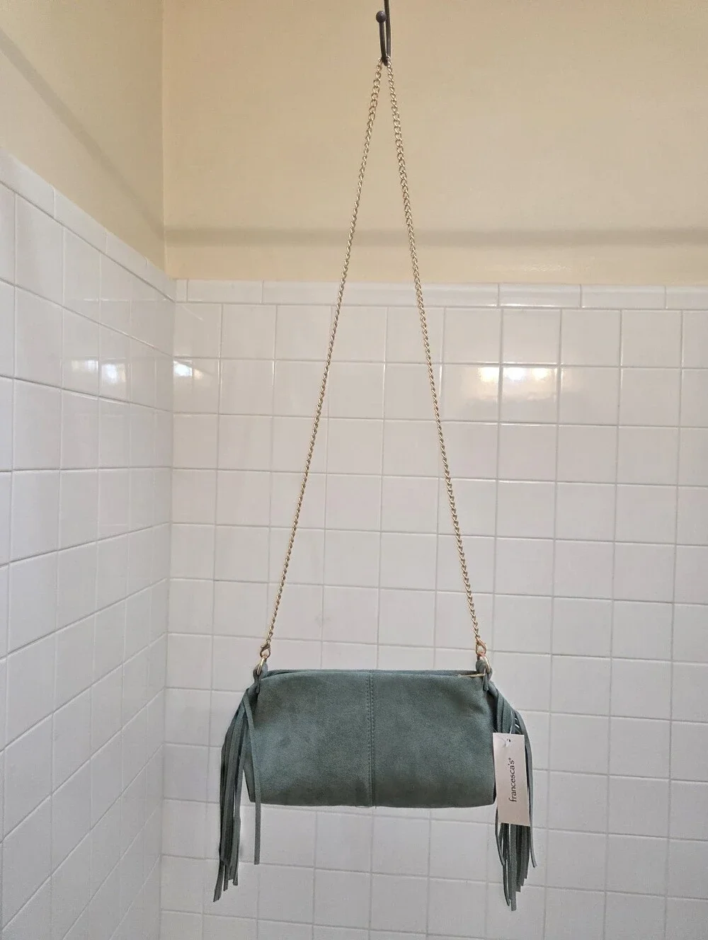 Francesca's Collections Sage Green Faux Suede Fringe Crossbody